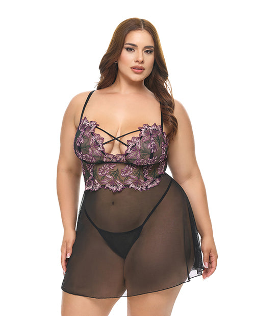 Adela Embroidered Boned Lace and Mesh Babydoll w/G-String 2 pc Set
