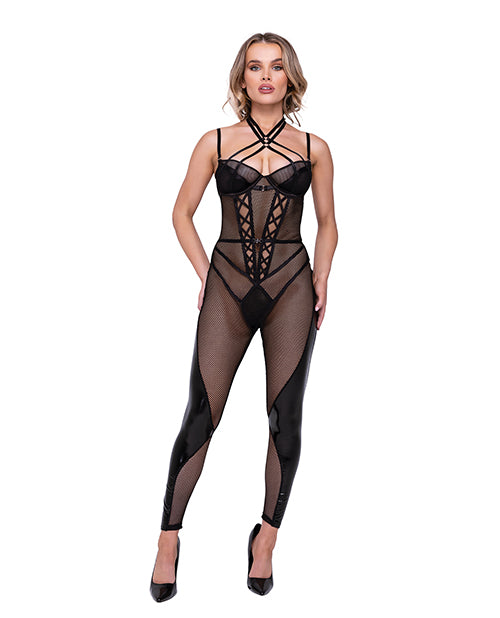 Flirty Fetish Fishnet & Faux Leather Catsuit w/Satin Trim - L