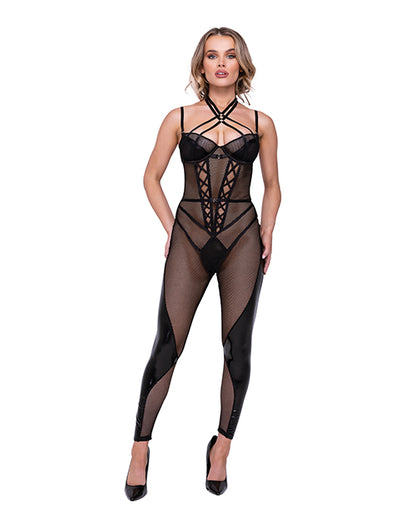 Flirty Fetish Fishnet & Faux Leather Catsuit w/Satin Trim - L