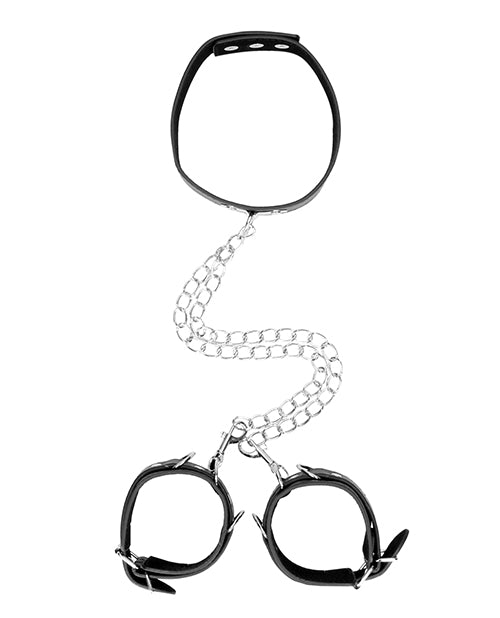 Shots Ouch Black & White Bonded Leather Collar w/Hand Cuffs