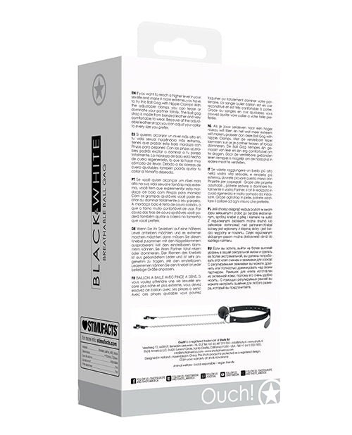 Shots Ouch Black & White Breathable Ball Gag w/Nipple Clamps