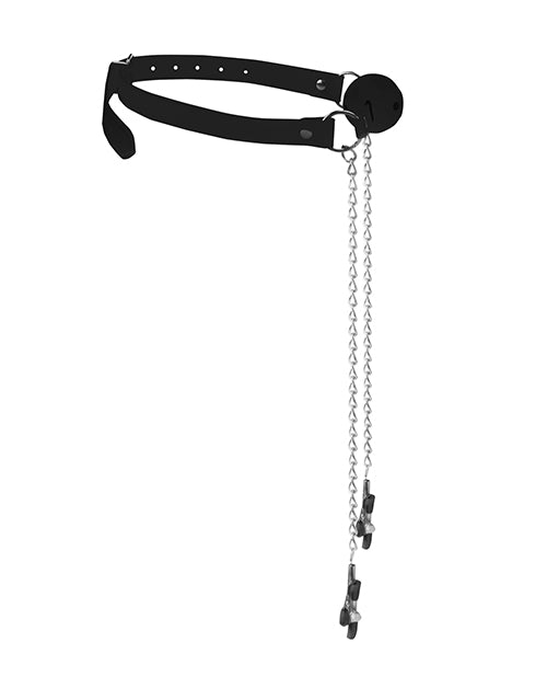 Shots Ouch Black & White Breathable Ball Gag w/Nipple Clamps
