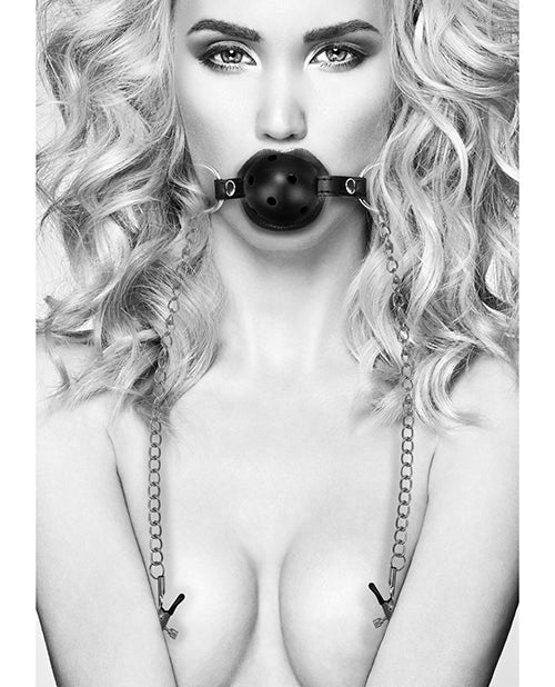 Shots Ouch Black & White Breathable Ball Gag w/Nipple Clamps
