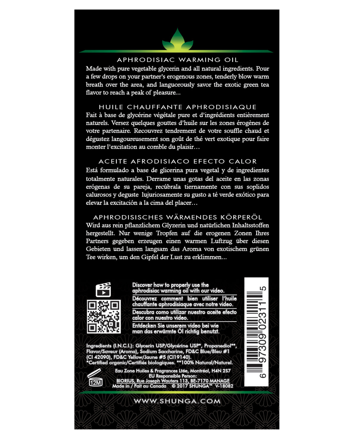 Shunga Organica Warming Oil - 3.5 Oz Green Tea
