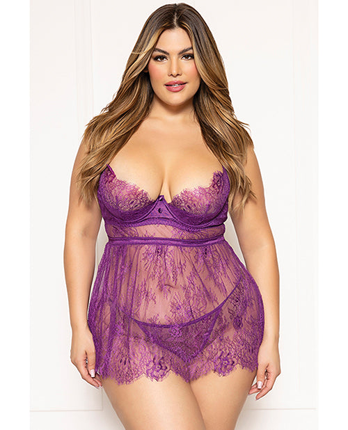Floral Eyelash Lace Underwire Babydoll w/Thong 2 pc Set