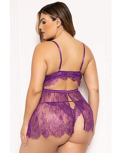 Floral Eyelash Lace Underwire Babydoll w/Thong 2 pc Set
