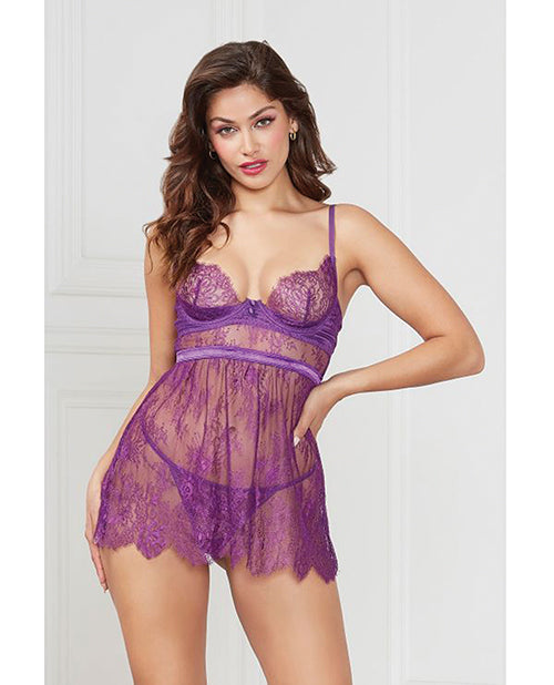 Floral Eyelash Lace Underwire Babydoll w/Thong 2 pc Set