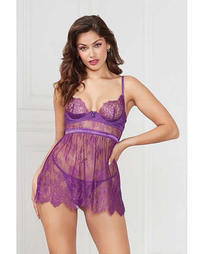 Floral Eyelash Lace Underwire Babydoll w/Thong 2 pc Set
