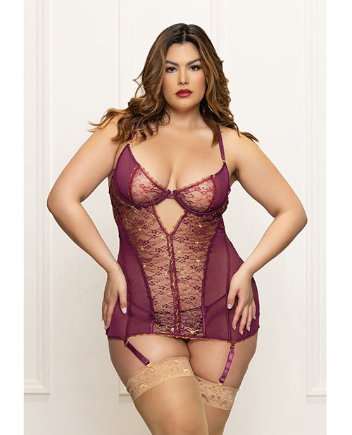 Metallic Lace with Mesh Gartered Chemise & Thong