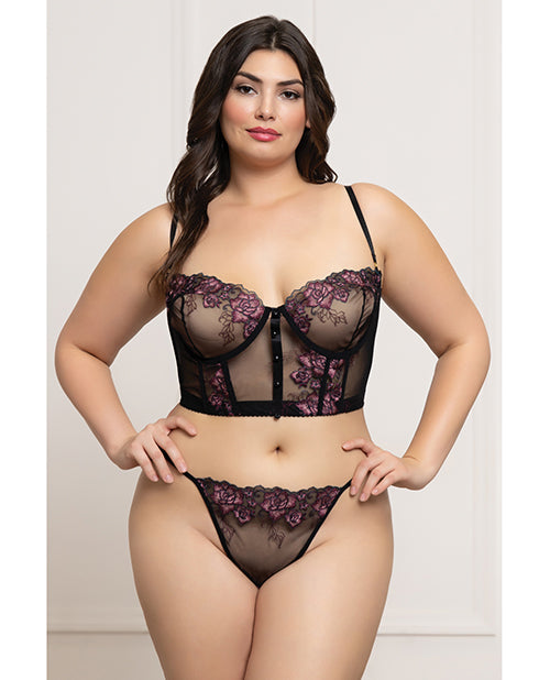 Floral Lace and Mesh Underwire Bustier w/Thong 2 pc Set