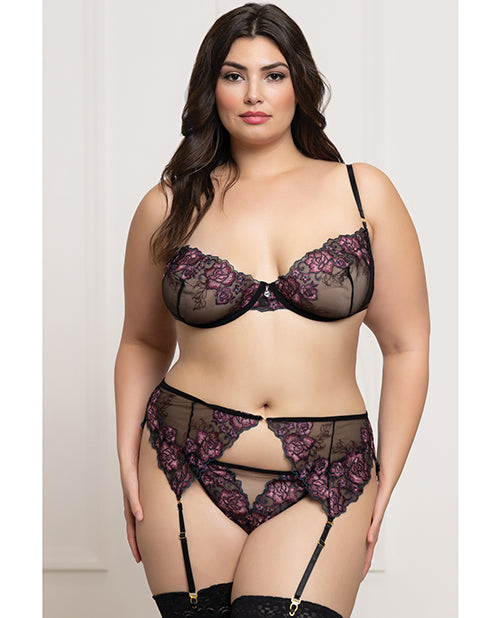 Floral Lace and Mesh Underwire Bra w/Garter & Thong 3 pc Set