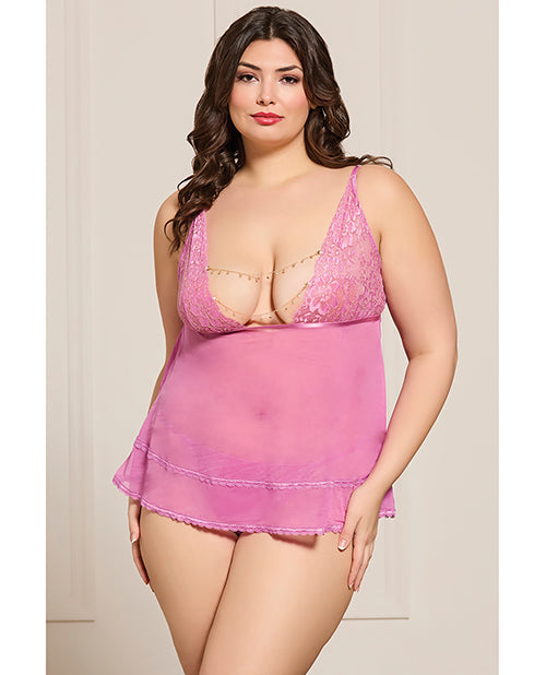 Lace and Mesh Babydoll w/Thong & Rhinestone Detail