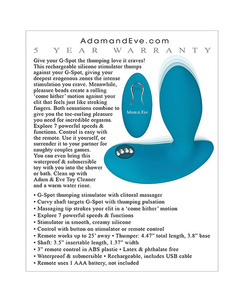 Adam & Eve Eve's G Spot Thumper W-clit Motion Massager - Teal