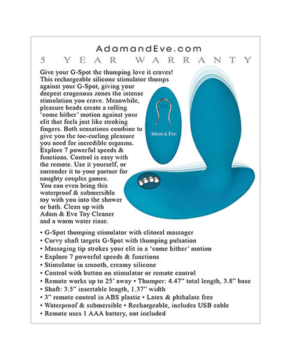 Adam & Eve Eve's G Spot Thumper W-clit Motion Massager - Teal