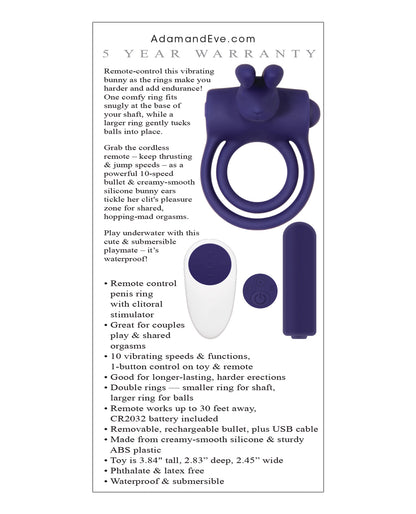 Adam & Eve's Silicone Remote Control Rabbit Ring - Purple
