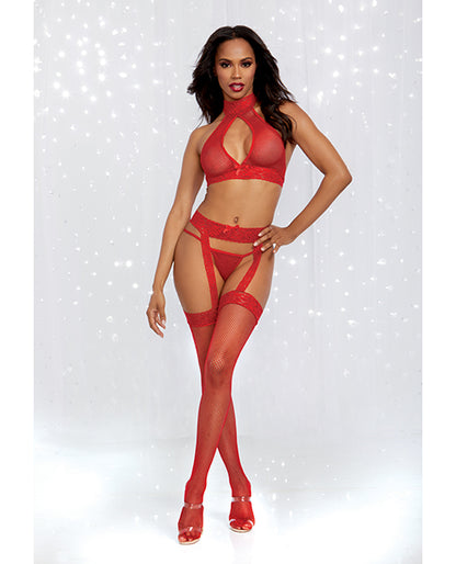 Holiday-valentines Bodystocking Halter Bralette, Garter Pantyhose & G-string Rouge O-s