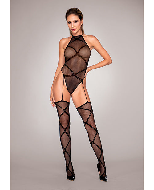 Fishnet Garter Teddy Bodystocking W-attached Garters & Thigh High Black O-s