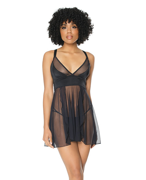 Double Slit Sheer Babydoll W-cage Detail Back & G-string Black O-s