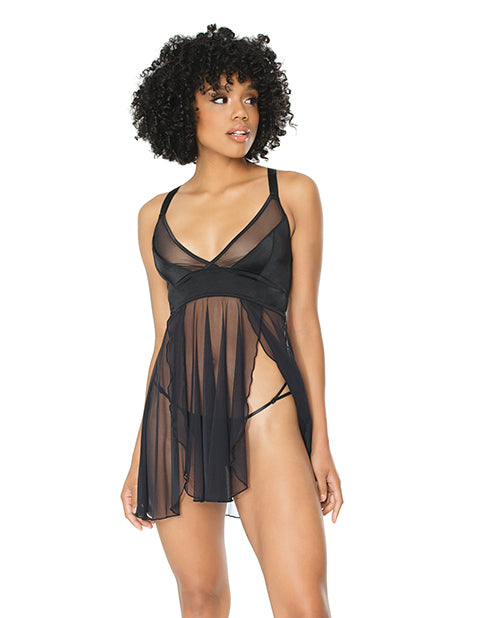 Double Slit Sheer Babydoll W-cage Detail Back & G-string Black O-s