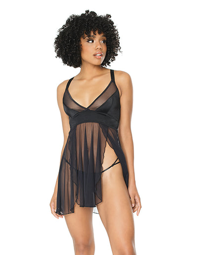 Double Slit Sheer Babydoll W-cage Detail Back & G-string Black O-s