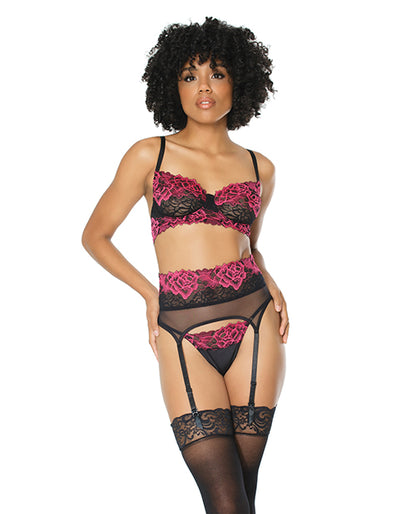 Scallop Stretch Lace & Sheer Nylon Bra, Garter Belt & G-string Black/fuchsia