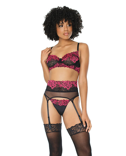 Scallop Stretch Lace & Sheer Nylon Bra, Garter Belt & G-string Black/fuchsia