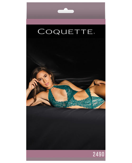 Fashion Stretch Lace Halter Teddy W-back Lace-up Detail On Panty Teal O-s