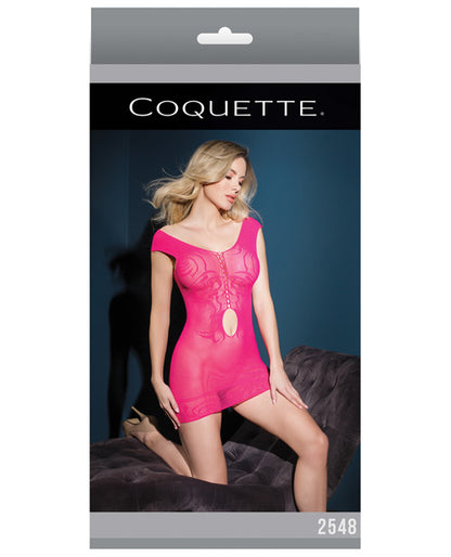 Sleek Seamless Stretch Fishnet Tank Dress W-waist Keyhole Neon Pink O-s