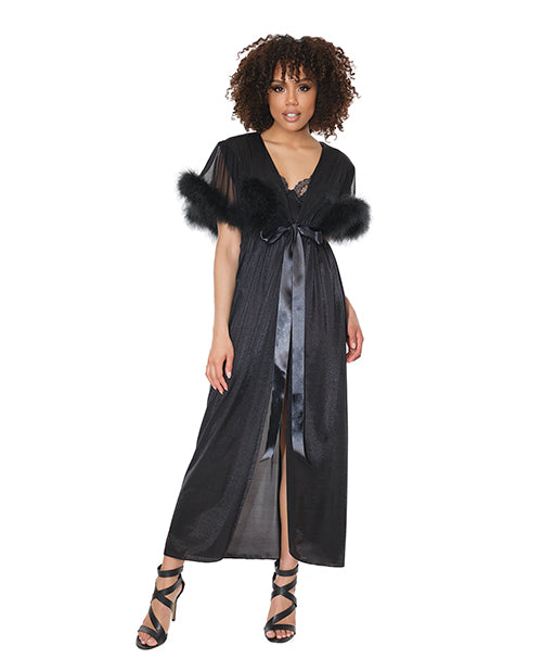 Holiday Short Sleeve W-marabou Trim Robe W-satin Tie Black O-s