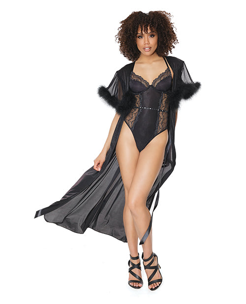 Holiday Short Sleeve W-marabou Trim Robe W-satin Tie Black O-s