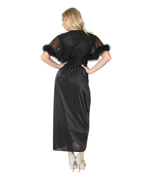 Holiday Short Sleeve W-marabou Trim Robe W-satin Tie Black O-s
