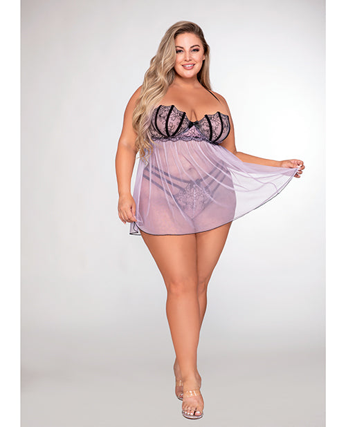 Stretch Mesh & Embroidery Babydoll W/g-string Lavender