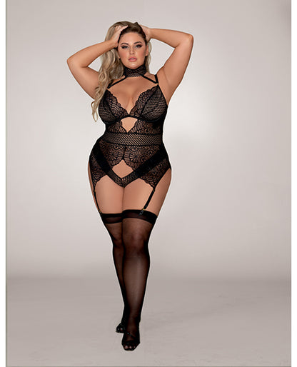 Scalloped Stretch Lace, Snap Crotch Gartered Teddy Black