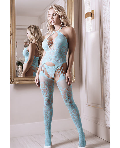 Sheer Fantasy Halter Neck Floral Lace Gartered Bodystocking & Panty Light Blue O-s