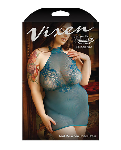 Vixen Teal Me When Halter Net Dress W-floral Lace Design Teal Qn