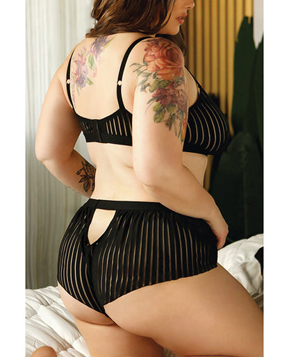 Vixen Striped Mesh Bralette & Shorties Black Qn
