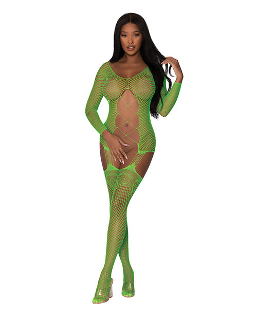 Seamless Fishnet Gartered Catsuit O/s