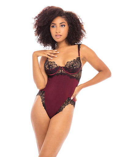 Fall Nicole Satin & Lace Teddy Zinfandel/black