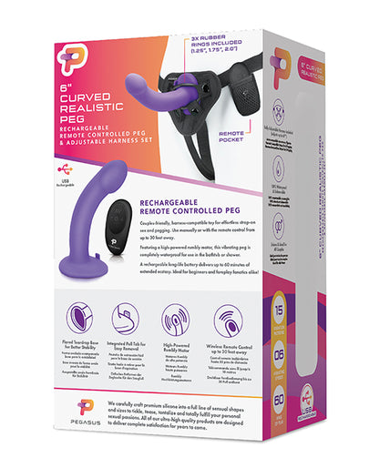 Pegasus 6" Rechargeable Curved Peg W-adjustable Harness & Remote Set - Purple