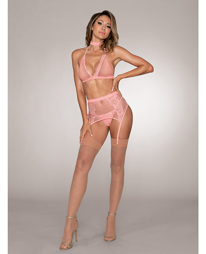 Fishnet & Lace Halter Bralette, Garter Belt, G-string & Choker Rose Pink O-s