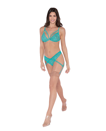 Simply Sexy Scalloped Stretch Lace Bralette & G-string W-attached Side Garters Ocean O-s