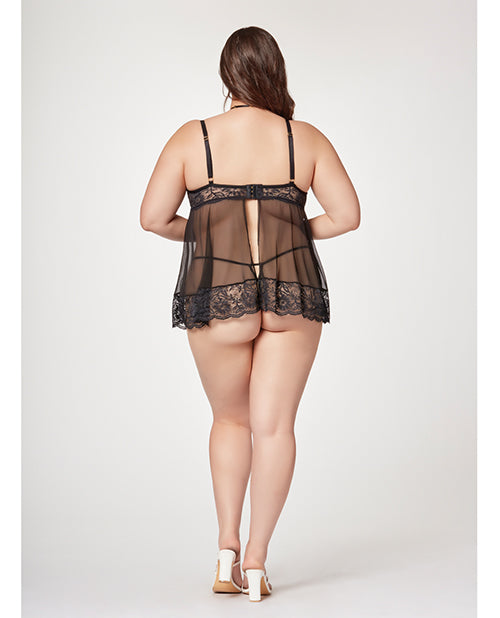Satin & Lace Halter Demi Cup Babydoll & Thong Black/wine