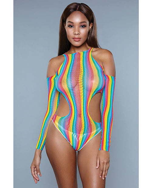 Cut Out Detail Bodysuit W-mesh Detail & Thong Cut Bottom Rainbow O-s