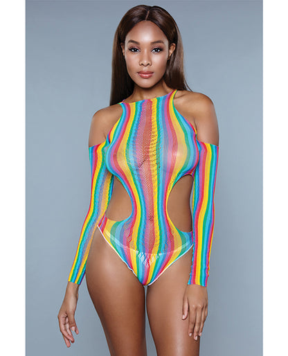Cut Out Detail Bodysuit W-mesh Detail & Thong Cut Bottom Rainbow O-s