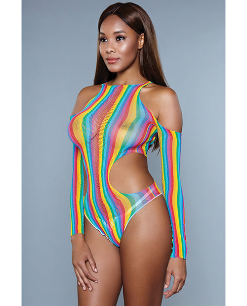 Cut Out Detail Bodysuit W-mesh Detail & Thong Cut Bottom Rainbow O-s