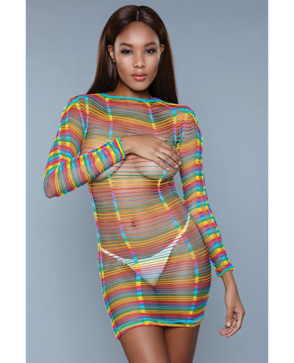 Mid Thigh Length Bodystocking, Long Sleeve W-multiple Cutout Detail Rainbow O-s