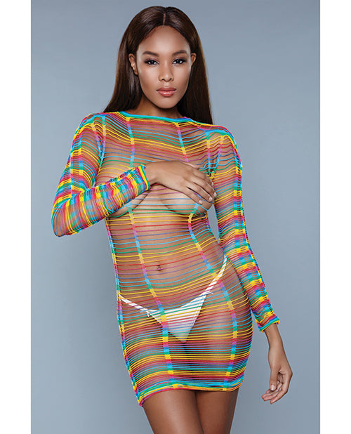Mid Thigh Length Bodystocking, Long Sleeve W-multiple Cutout Detail Rainbow O-s