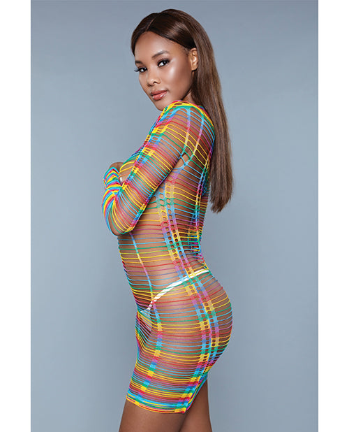 Mid Thigh Length Bodystocking, Long Sleeve W-multiple Cutout Detail Rainbow O-s