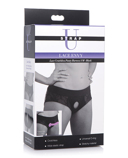 Strap U Lace Crotchless Panty Harness - Black