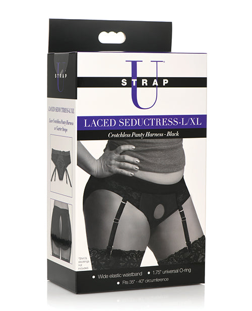 Strap U Laced Seductress Lace Crotchless Panty Harness W/garter Straps - Black